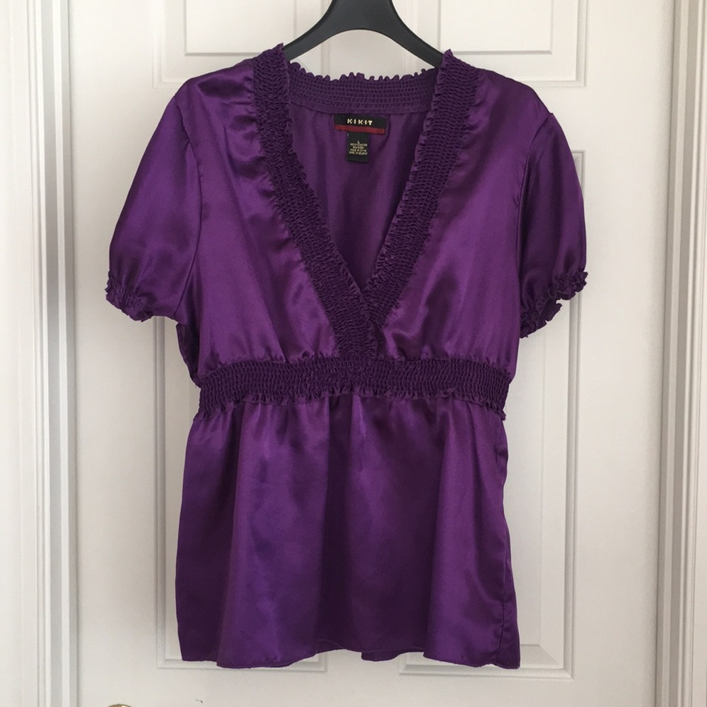 KIKIT Women's Top L Purple Silky Soft Deep V Cinched Waist Neckline Party wear